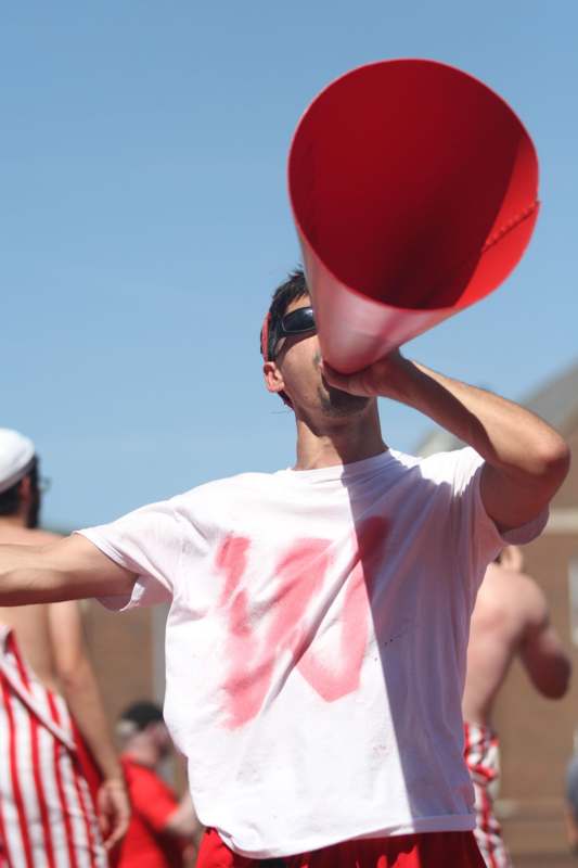 a man with a red megaphone