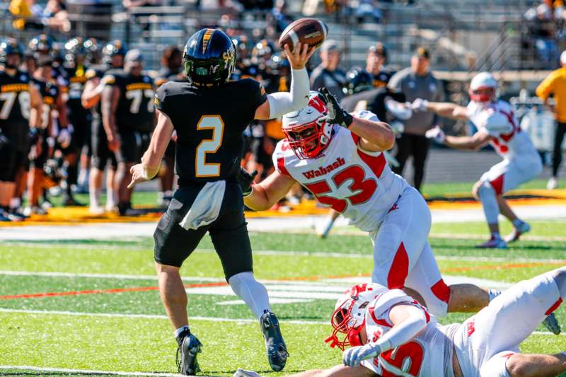 a football player reaching for a football