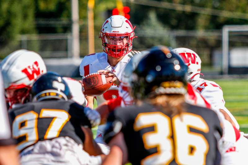 a football player in a helmet holding a football