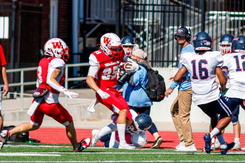 a football player running with a football in the air