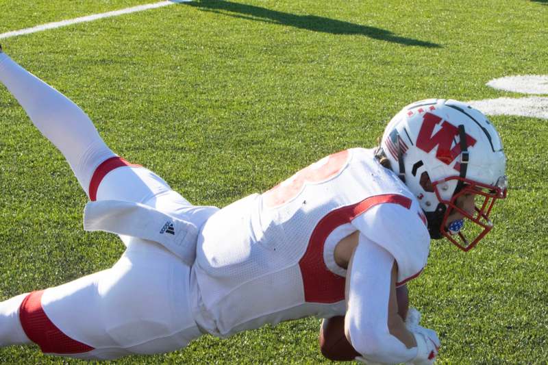 a football player diving for a ball