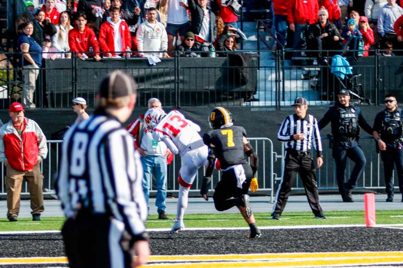 a football player running on a field with a crowd watching