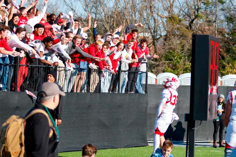 a football player running on a field with a crowd of people