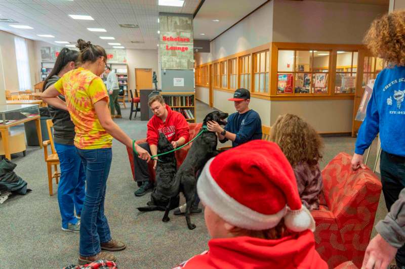 a group of people in a library with a dog