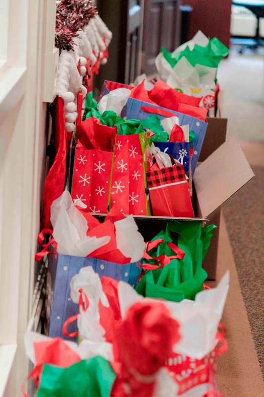 a group of gift bags in a row