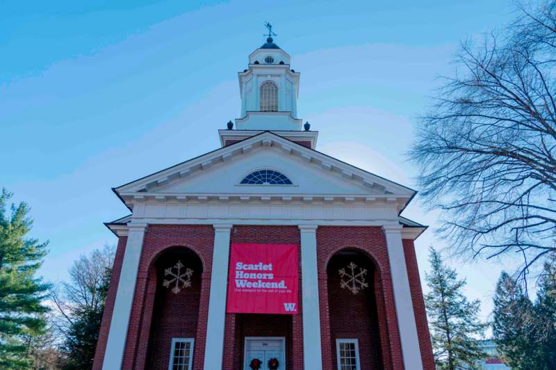 a building with a red banner