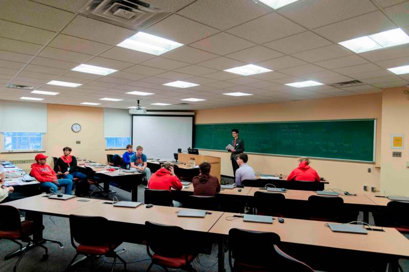 a group of people in a classroom