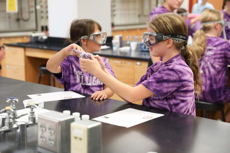 a pair of girls wearing safety goggles