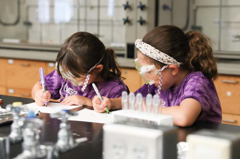 a group of girls wearing purple shirts and face masks drawing