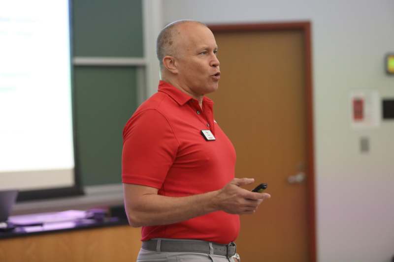 a man in a red shirt
