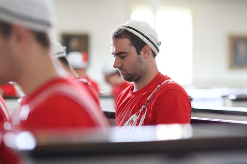 a man in a red shirt