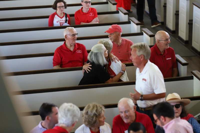 a group of people in a church