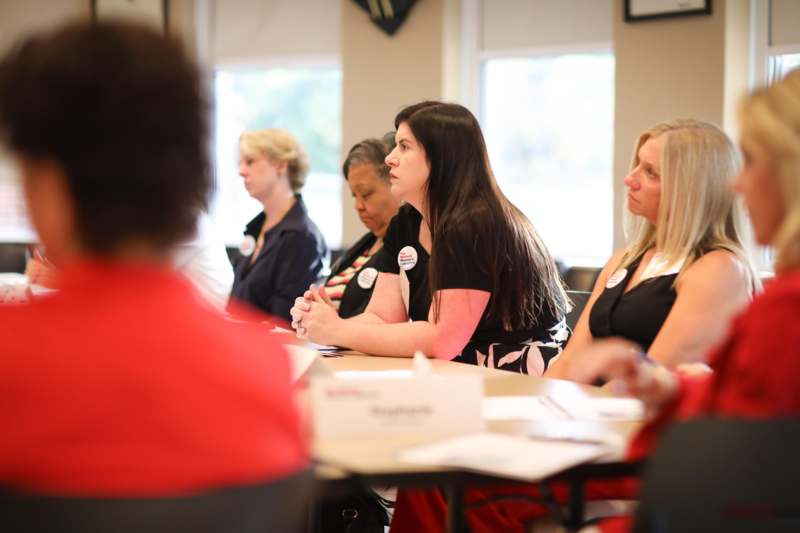 a group of women sitting at tables