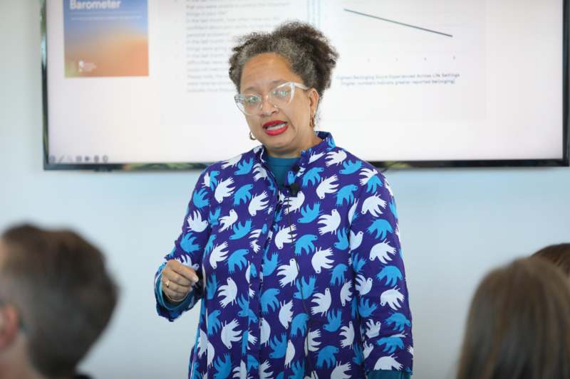 a woman in a blue shirt