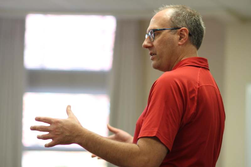 a man in a red shirt
