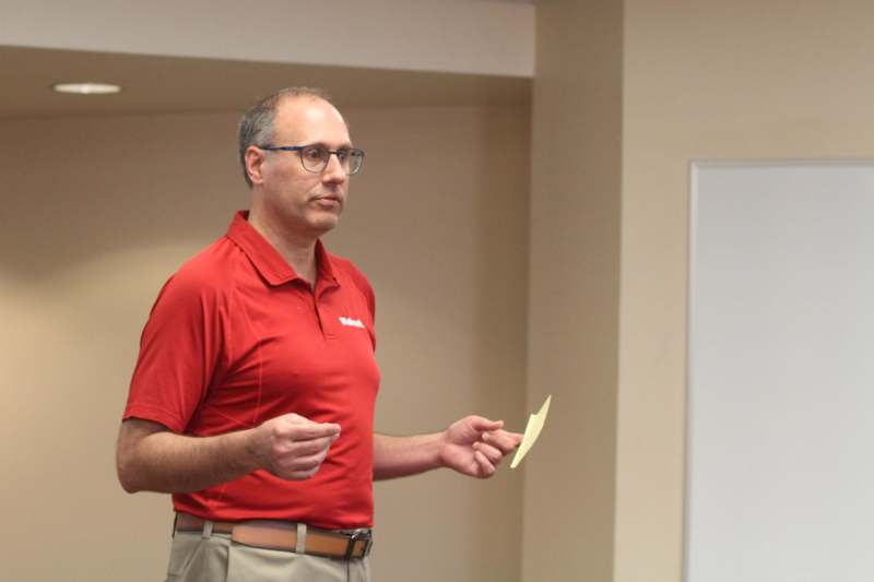 a man in a red shirt