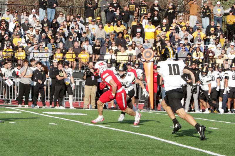 a football player running on a field with a crowd watching