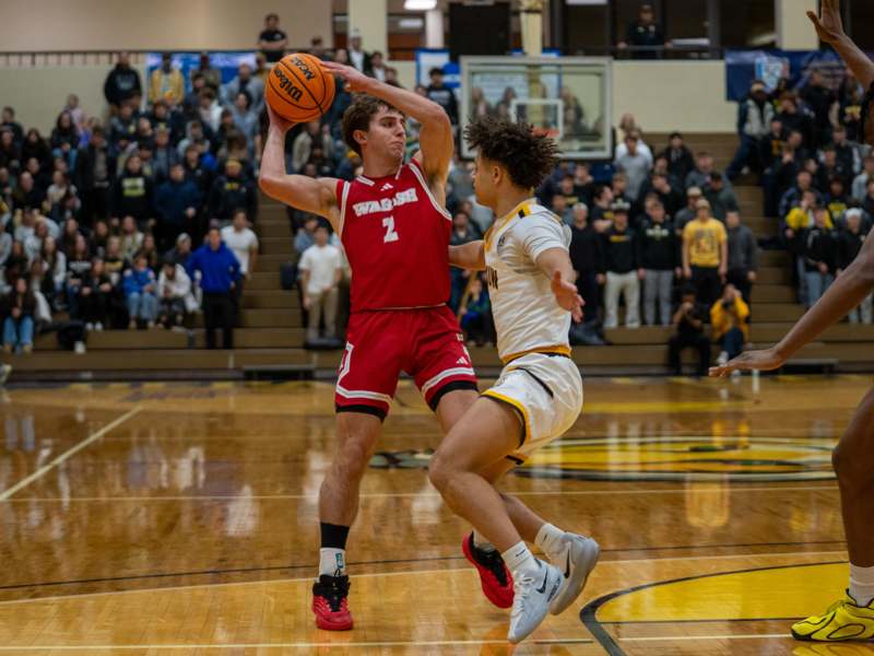 a basketball player in a red uniform playing in a basketball game