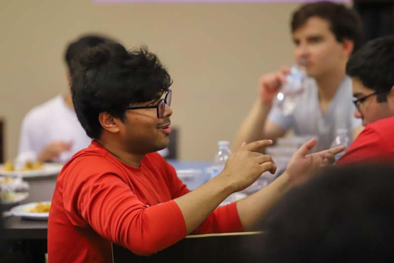 a man in a red shirt