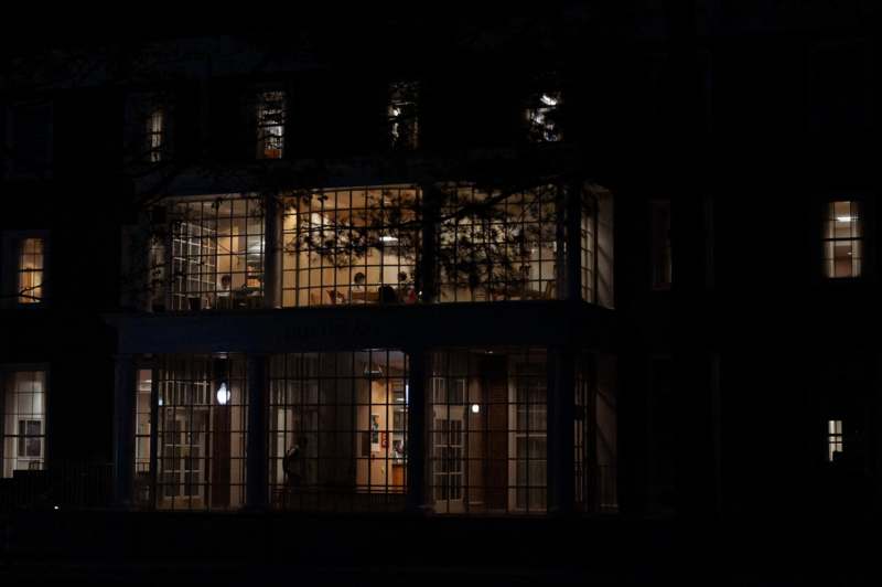 a building with many windows at night