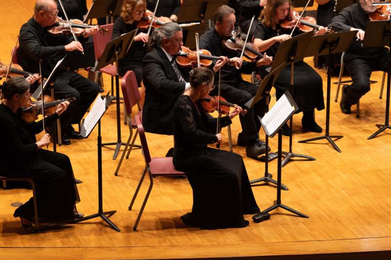 a group of people playing violins