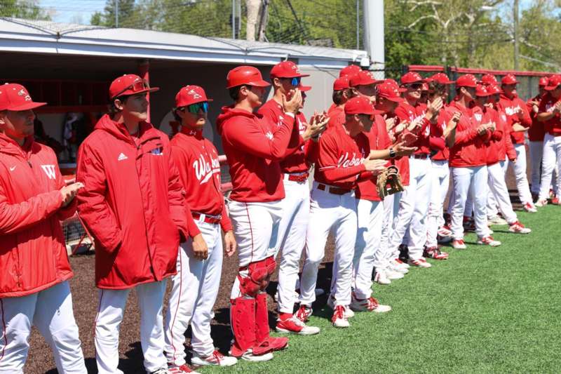 a group of baseball players standing in a line