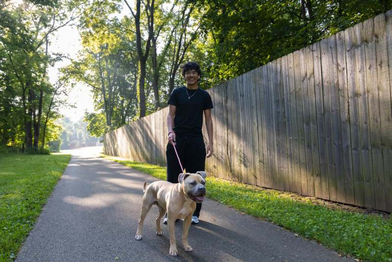 a man walking a dog on a leash