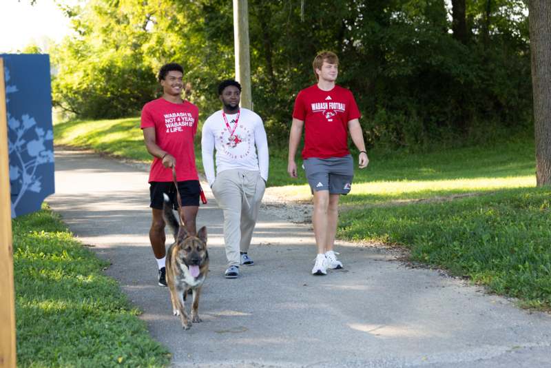 a group of men walking a dog on a path