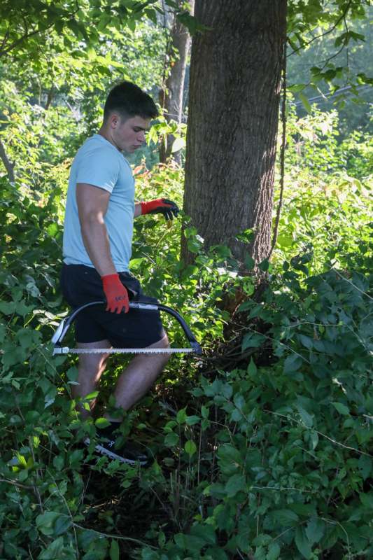 a man holding a saw in the woods