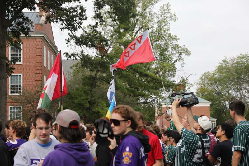a group of people with flags